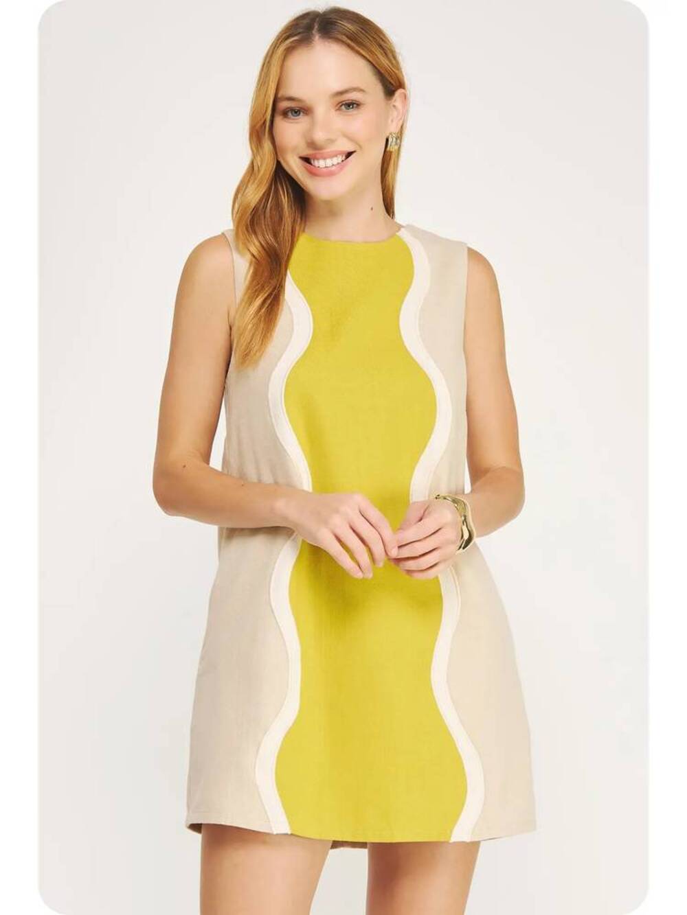 Strut & Bolt Wavy Contrast Color Block Cotton Mini Dress Taupe L NWT Modern Chic